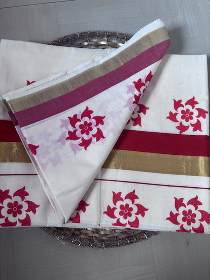 Buy Kerala Kasavu Saree online – Red Floral Zari Saree full view