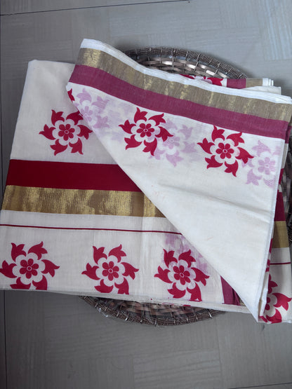 Buy Kerala Kasavu Saree online – Red Floral Zari Saree blouse view