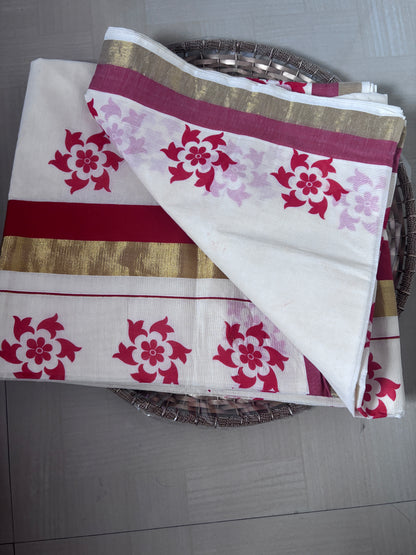 Buy Kerala Kasavu Saree online – Red Floral Zari Saree blouse view