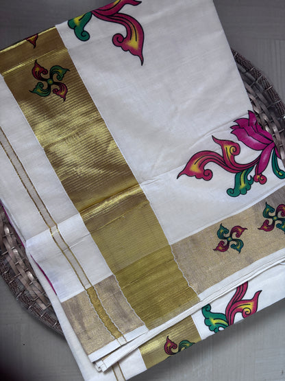 Buy Lotus Kasavu Saree online – Floral Kasavu Saree rear view