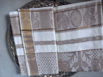 Buy Kerala Kasavu Saree online – Floral Peacock Cotton Saree rear view
