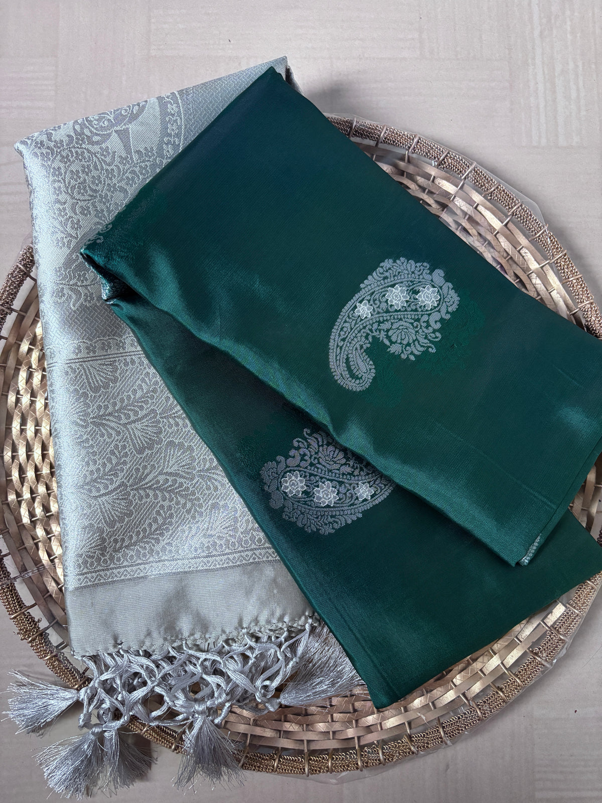 Buy Soft Silk Saree online – Bottle Green Saree front view