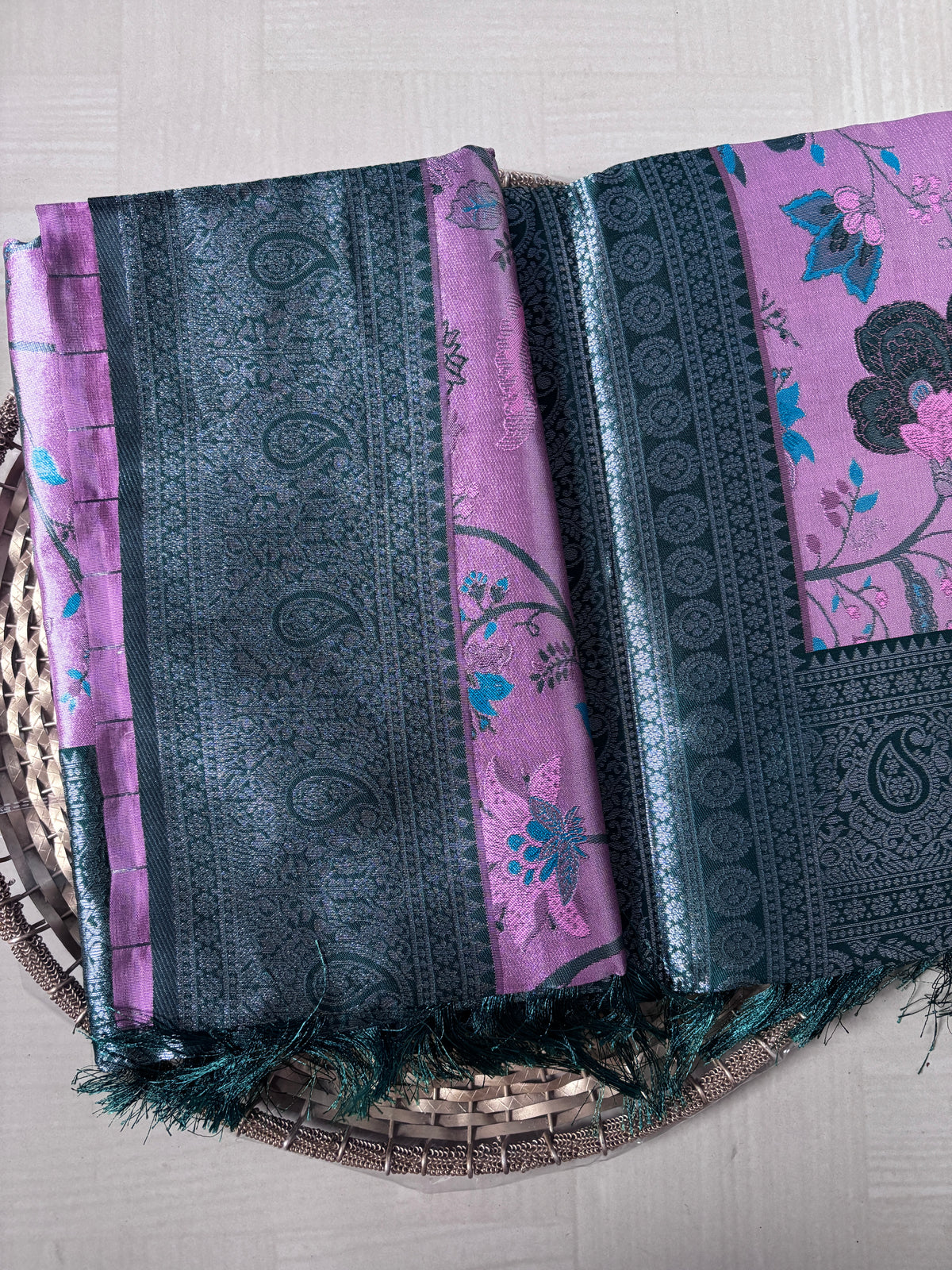 Buy Tissue Silk Saree online – Lavender Teal Saree side view