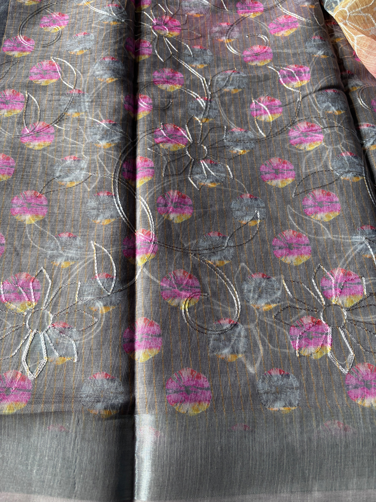 Shop Linen Cotton Saree online – Full view with matching stitched blouse
