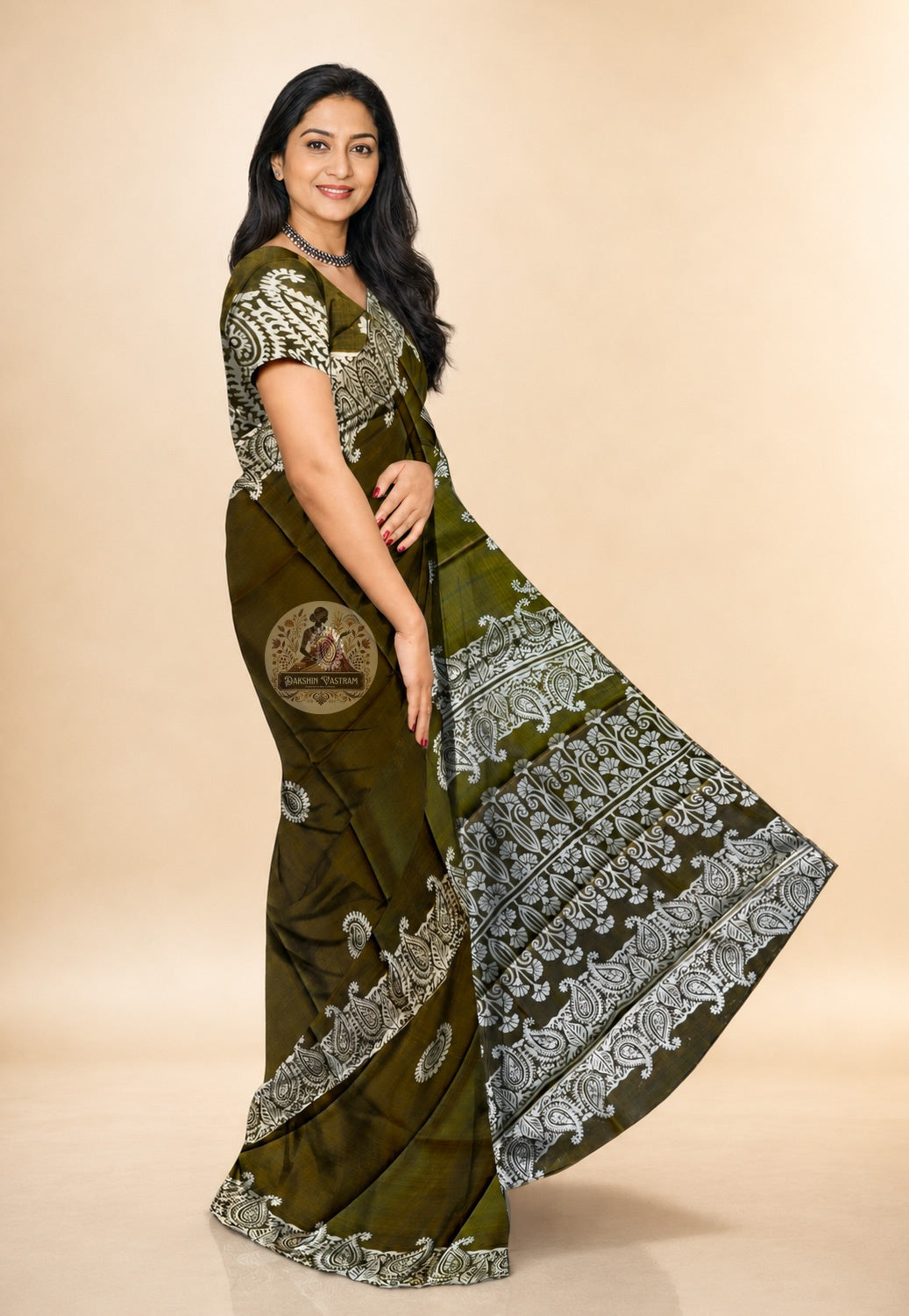 Bishnupur hand block print saree front view – pure silk with carved wooden block motifs rooted in Bengal's Malla kingdom heritage