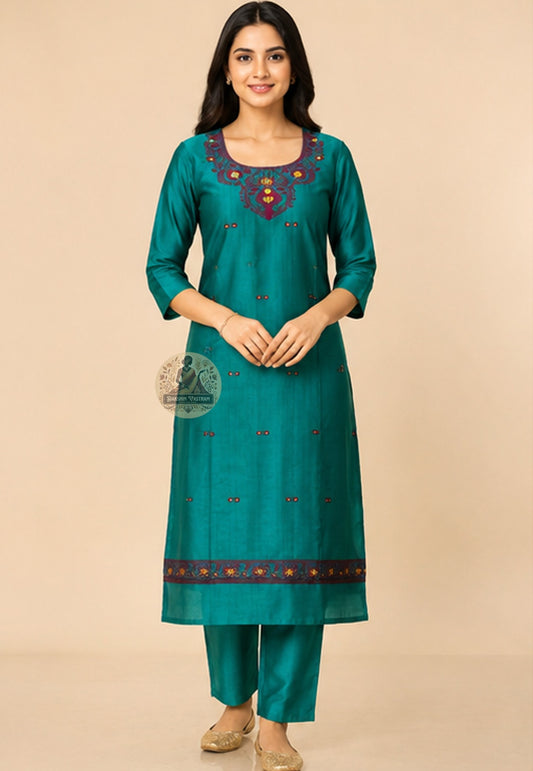Handloom Baluchari silk unstitched kurti piece in deep green with Resham woven neckline motifs – Dakshin Vastram