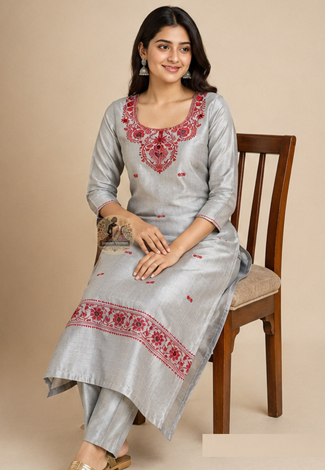 Natural silk sheen and fluid drape of handloom Slate Grey Baluchari Mulberry silk unstitched kurti piece – Dakshin Vastram