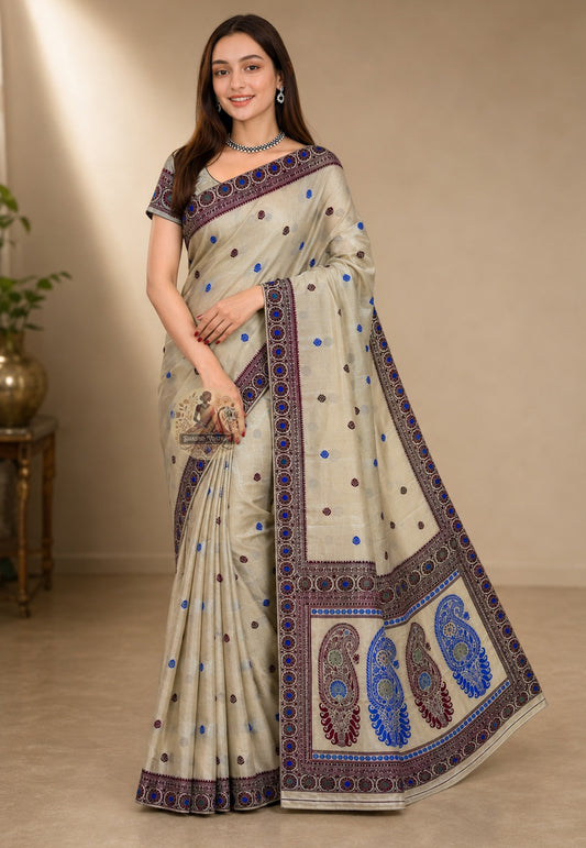 Front view of rare masterpiece Bishnupur Baluchari Silk Saree in finest pure silk with the most intricate handwoven mythological pallu and multi-layered border, draped for Durga Puja Ashtami and weddings in West Bengal
