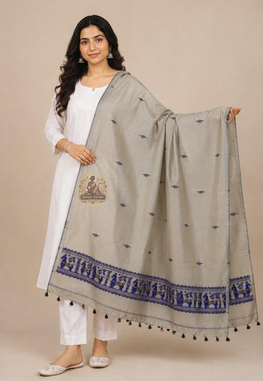 Full open view of stone grey Baluchari pure silk stole – royal blue woven narrative border with horses, elephants and court figures, black silk tassels, handloom Bengal weave