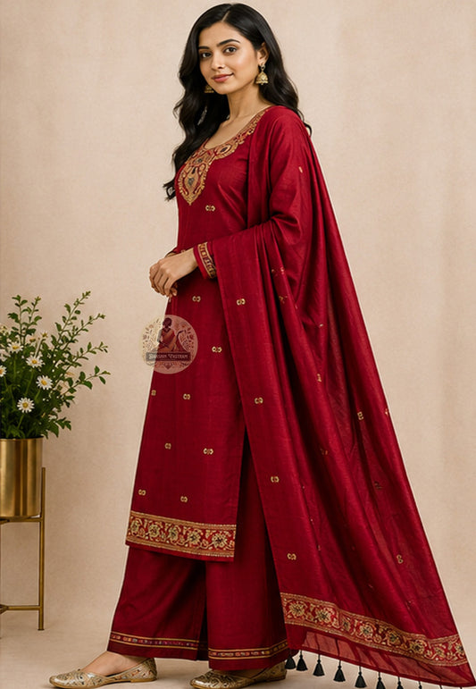 Close-up of Resham silk threadwork woven into neckline of rich red Baluchari kurti fabric — pit-loom craft from Bishnupur
