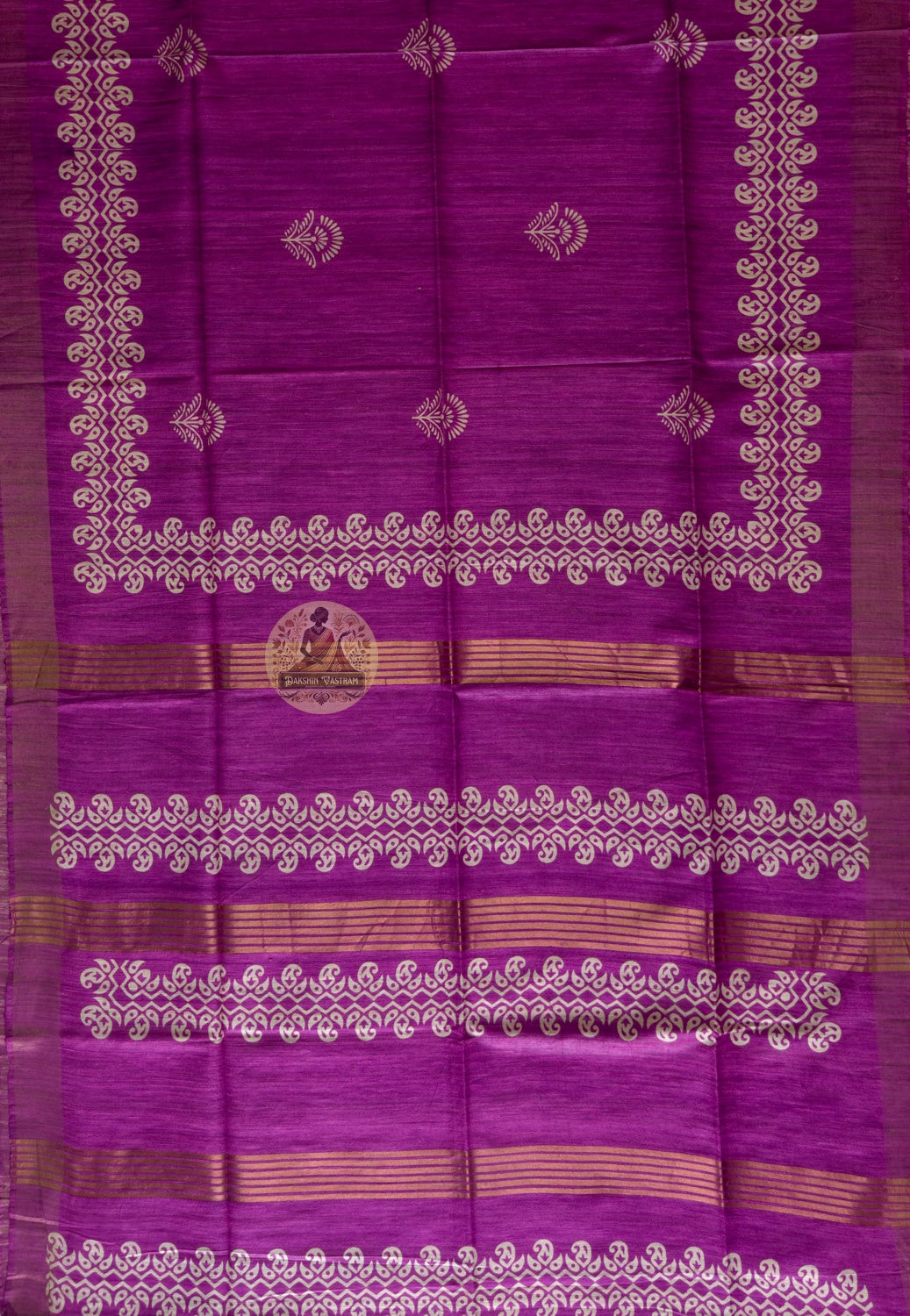 Full view of Ghicha Tussar Silk Saree laid flat showcasing complete handwoven golden amber wild Tussar fabric, a timeless saree for Kojagari Puja, Diwali, Navratri and every occasion that deserves grace