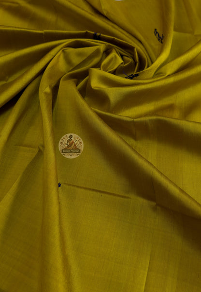 Border detail of handwoven Baluchari silk stole – intricate indigo blue mythological figures woven on turmeric yellow pure silk, traditional Bengal handloom craft
