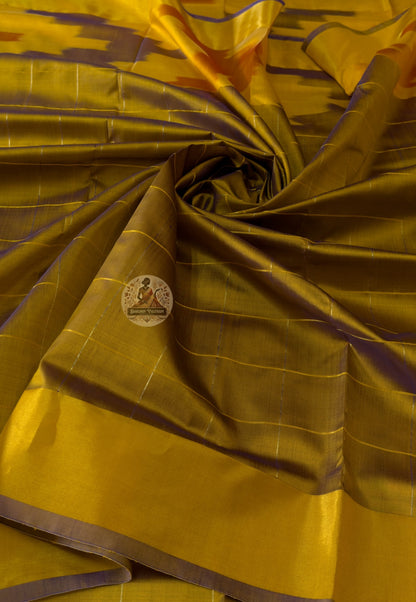 Macro close-up of handwoven motifs on Bishnupur Katan Silk Saree, revealing intricate Bengal heritage patterns woven inseparably into the pure mulberry silk fabric