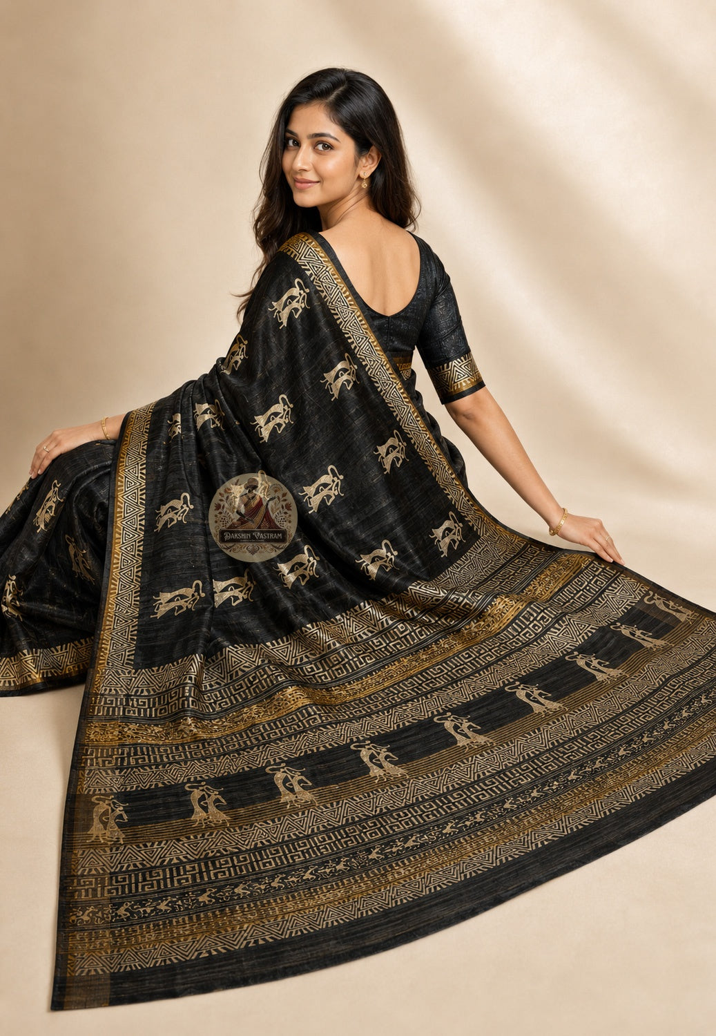 Rear view of Ghicha Tussar Silk Saree displaying handwoven pallu in natural Tussar warm tone, one-of-a-kind artisan saree for Pongal feasts in Madurai and Indian festive occasions