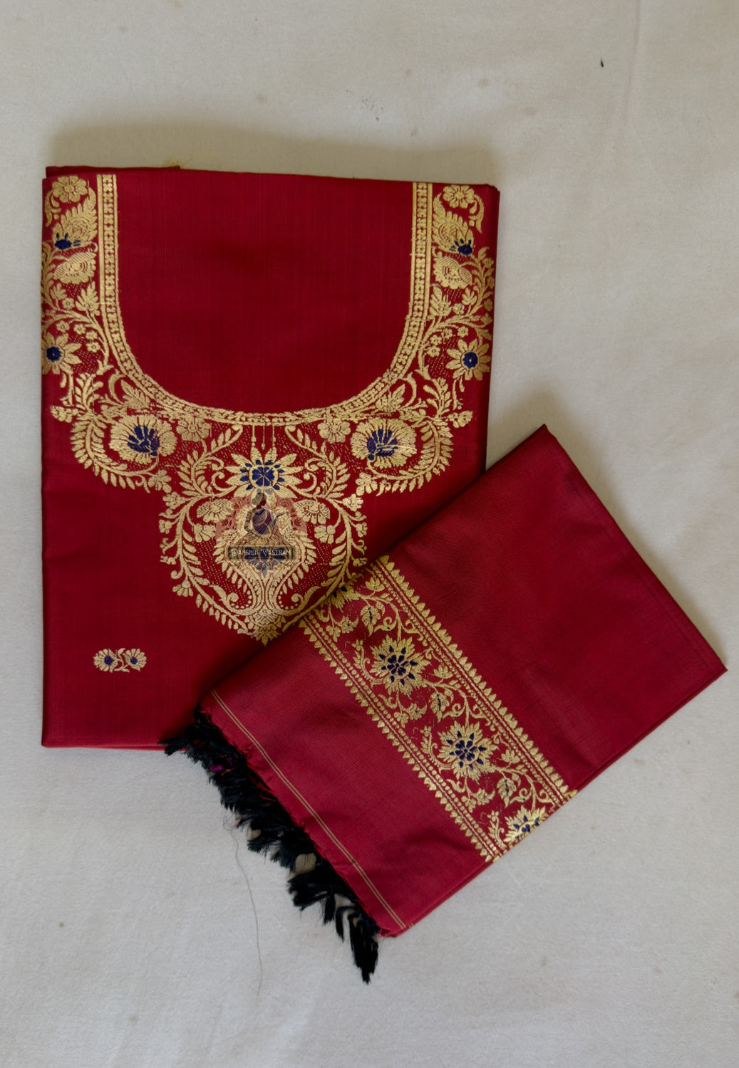 Traditional Baluchari woven border motifs on rich red mulberry silk kurti piece — bridal and wedding occasion wear