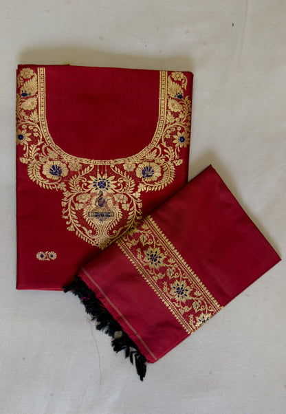 Traditional Baluchari woven border motifs on rich red mulberry silk kurti piece — bridal and wedding occasion wear