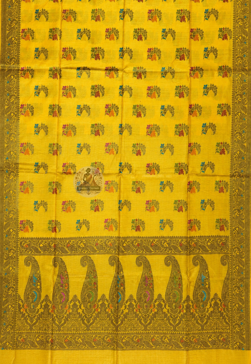 Close-up of pallu of Banarasi Muga Tussar Saree with traditional Banarasi buta and geometric zari patterns on natural golden silk