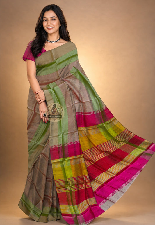 Front view of Bishnupur Pure Katan Silk Saree draped on model, showcasing handwoven Bengal motifs and the commanding sheen of pure mulberry silk