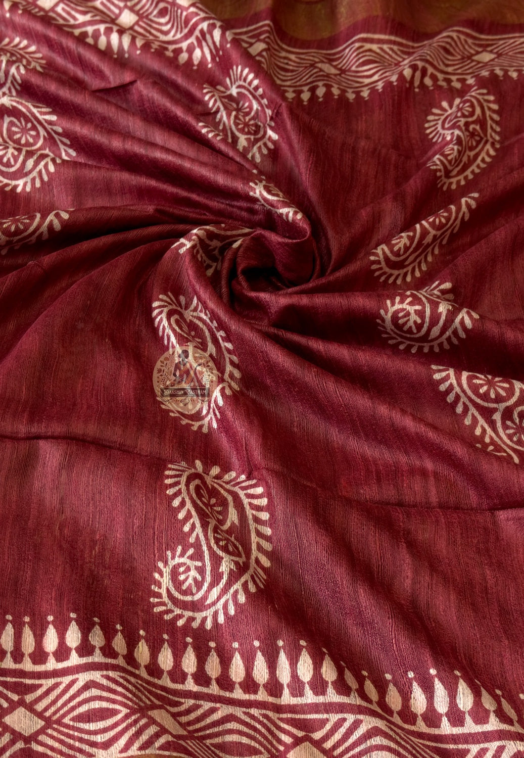 Close-up of Ghicha Tussar Silk weave showing raw silk texture, natural slubs, and handloom craftsmanship — a timeless choice for Indian festive wear