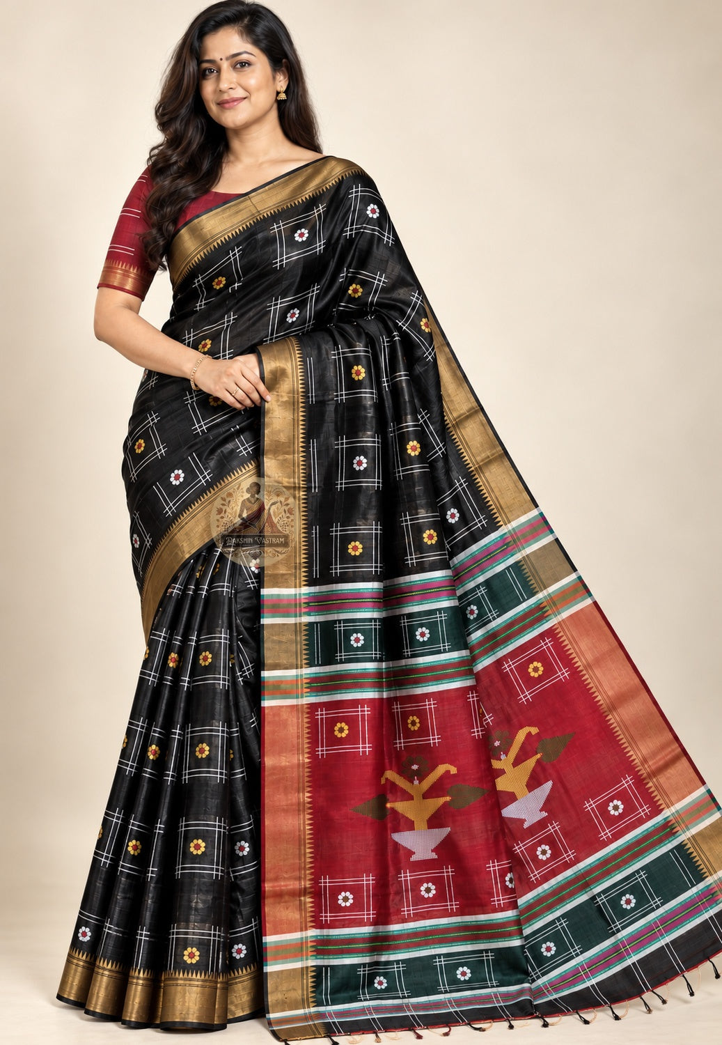 Front view of Bishnupur Katan silk festive saree showing smooth structured pure silk drape and woven Bengal motifs catching natural light