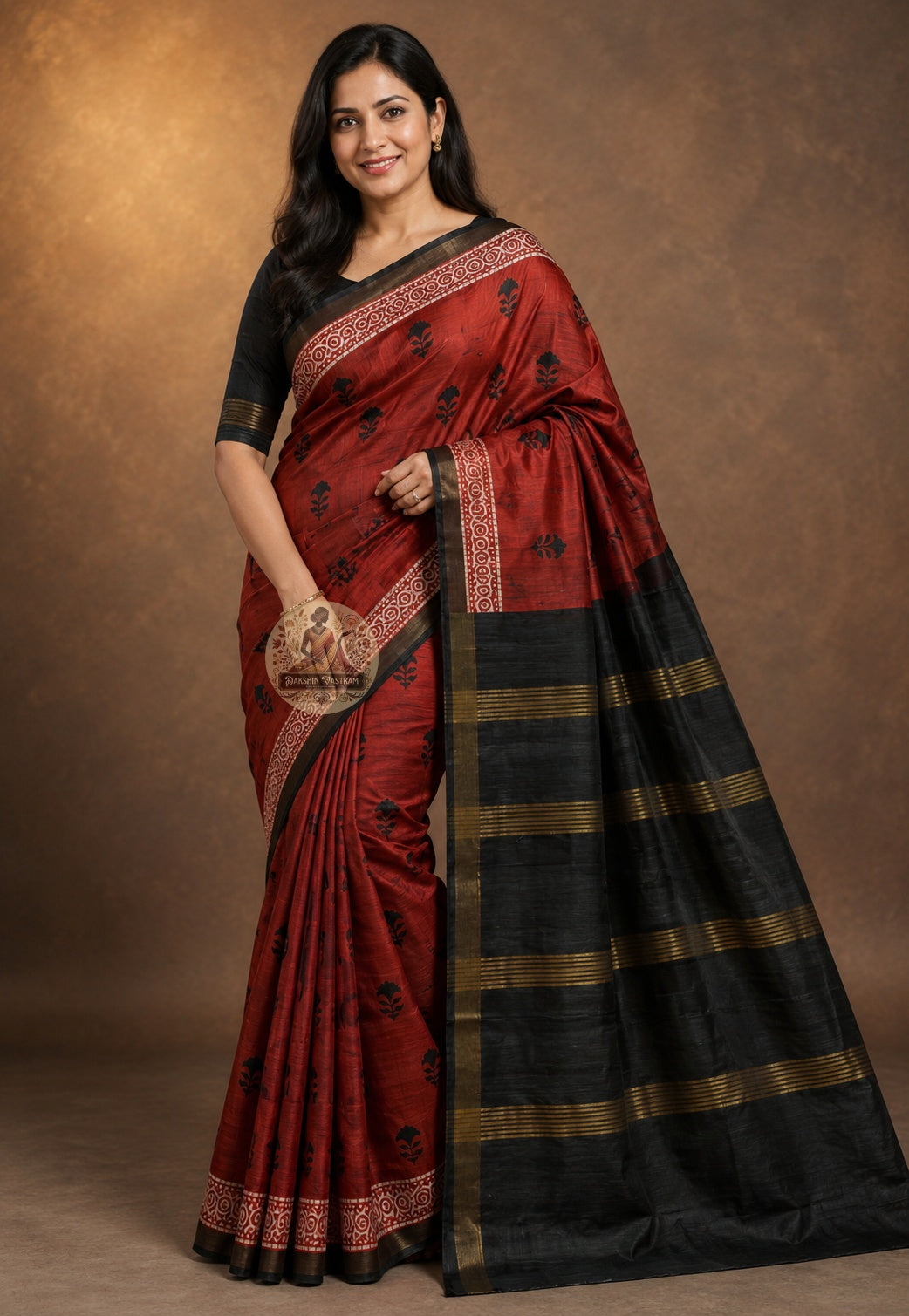 Front view of Ghicha Tussar Silk Saree in natural earthy tone, handwoven raw silk draped on model, perfect for Ganesh Chaturthi in Pune and Durga Puja evenings in Kolkata