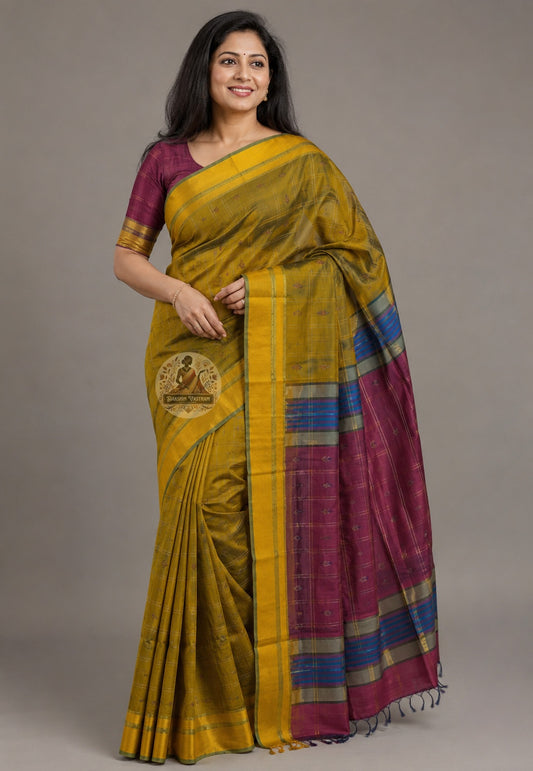 Bishnupur Pure Katan Silk Saree front view – premium handwoven Bengal heirloom silk saree for Diwali galas in New York and bridal occasions across USA | Dakshin Vastram