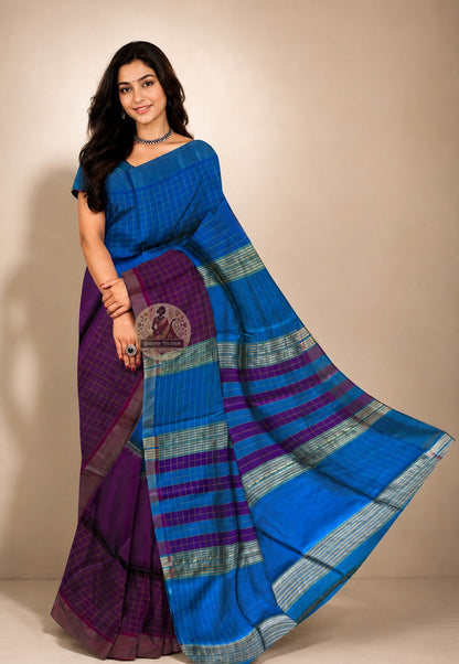 Front view of Bishnupur Pure Katan Silk Saree draped on model, showcasing handwoven Bengal heritage motifs and the luminous depth of pure mulberry silk