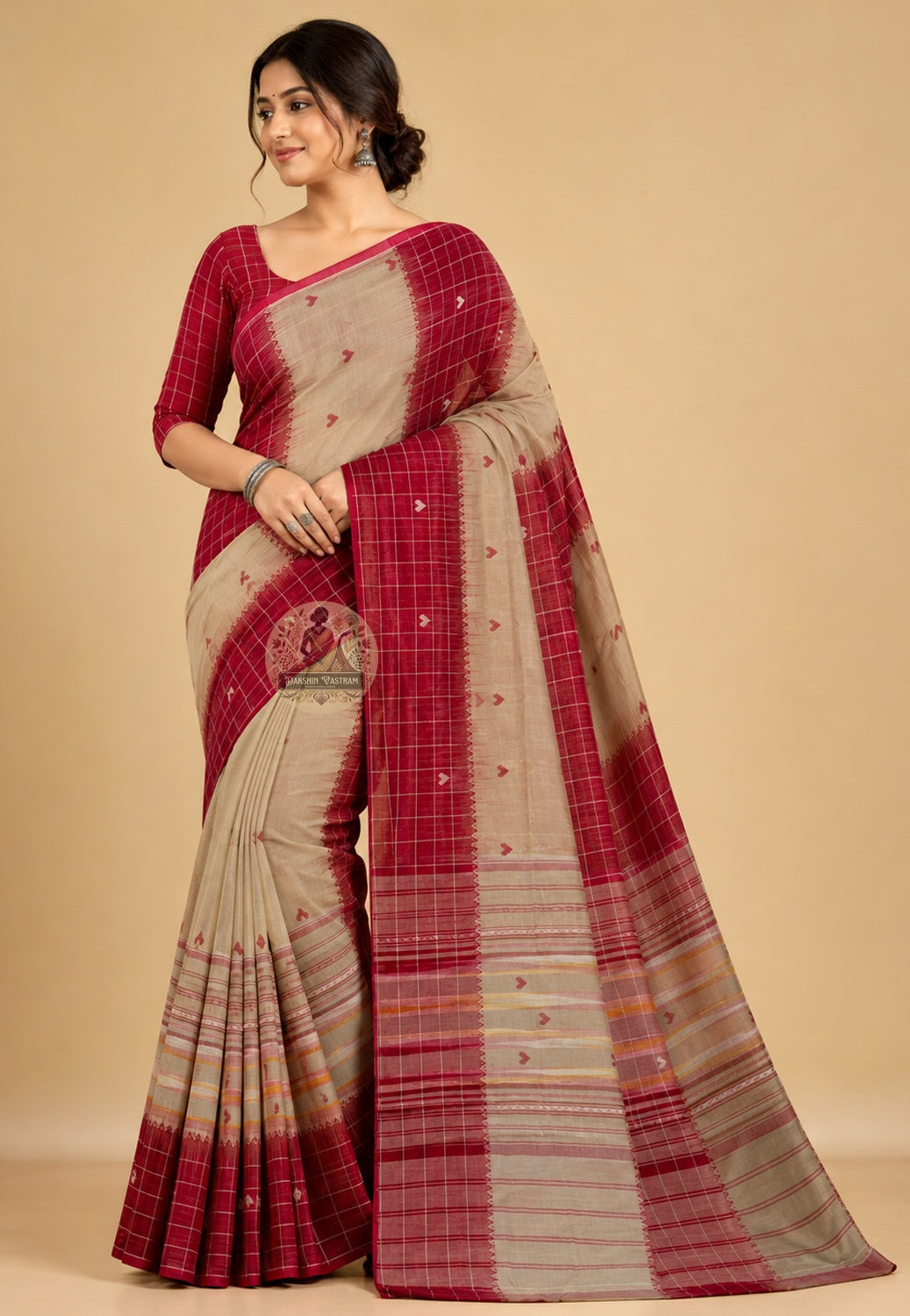 Side view of contemporary pure cotton handloom saree showing graceful drape and soft natural fall, perfect for office wear and festive celebrations