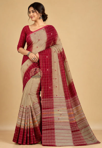 Side view of contemporary pure cotton handloom saree showing graceful drape and soft natural fall, perfect for office wear and festive celebrations