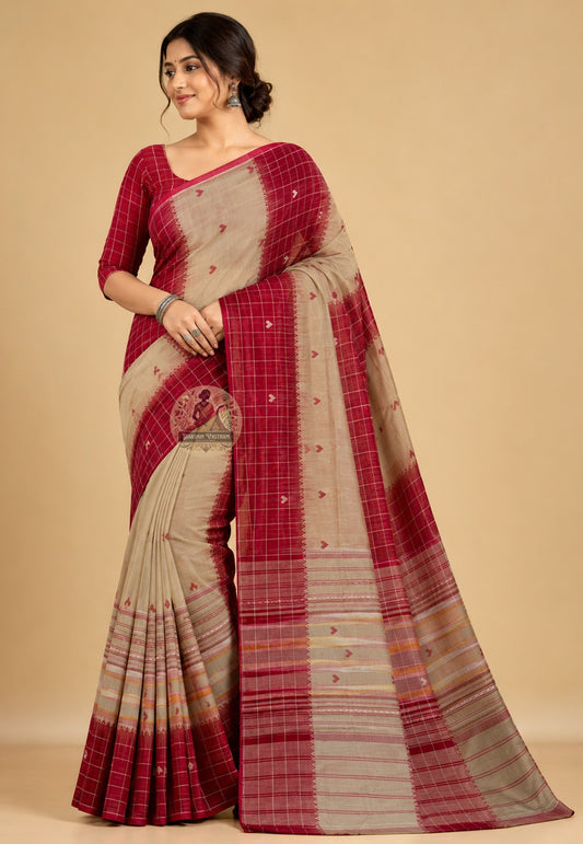 Side view of contemporary pure cotton handloom saree showing graceful drape and soft natural fall, perfect for office wear and festive celebrations