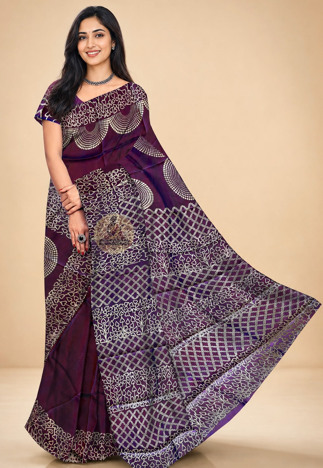 Bishnupur Silk Block Print Saree in full drape – artisan hand block printed pure silk saree for festive occasions | Dakshin Vastram