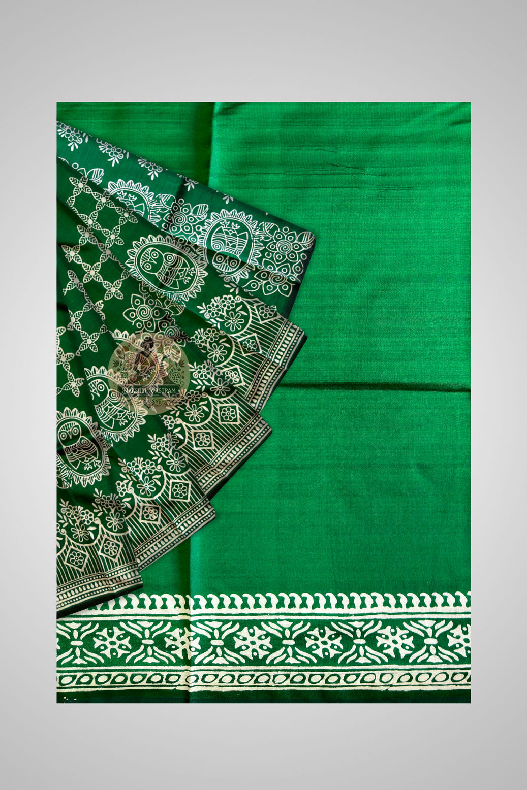 Bishnupur block print saree pallu detail – hand-carved wooden block motifs rooted in Bengal's terracotta temple heritage, unique to every piece
