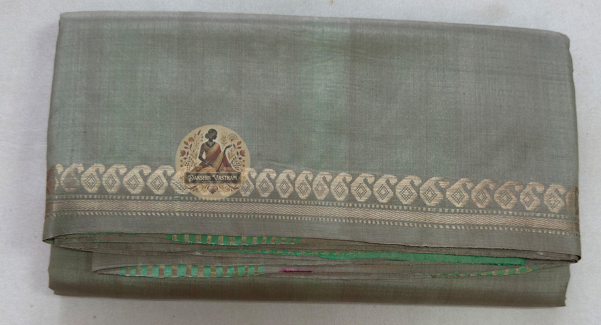 Full flat lay of Bishnupur Pure Katan Silk saree with heritage motifs and included blouse piece