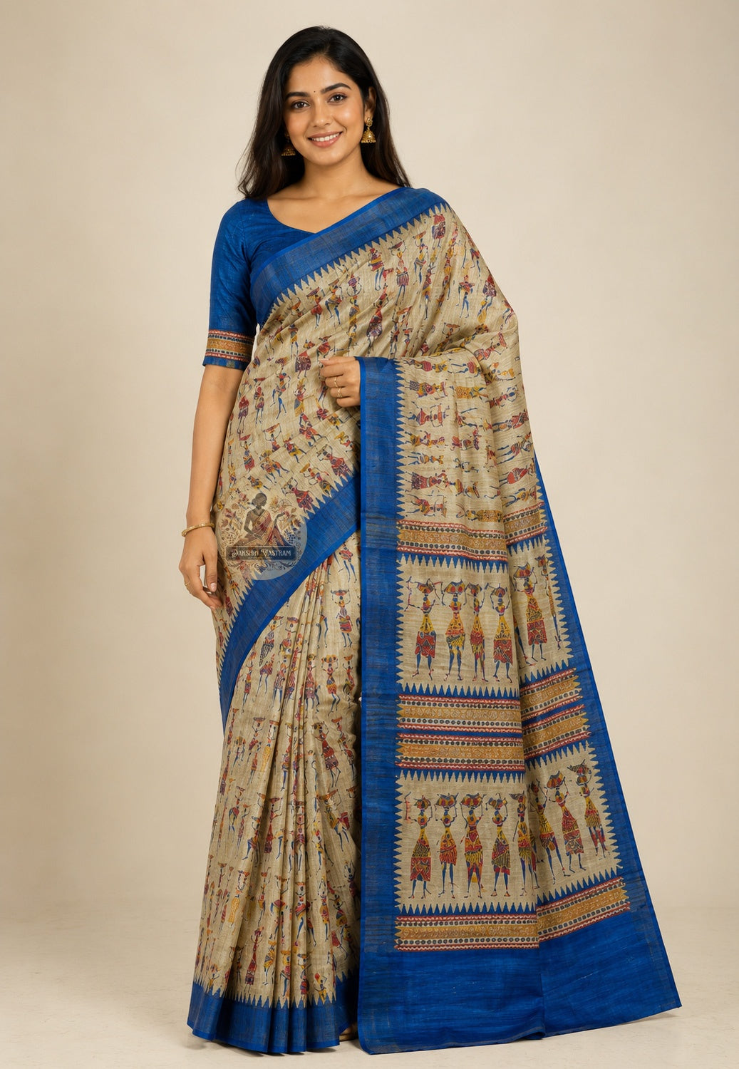 Front view of Ghicha Tussar Silk Saree in wild Tussar natural tone, handwoven raw silk draped on model, perfect for Poila Boishakh celebrations in Kolkata and Saraswati Puja mornings in Patna