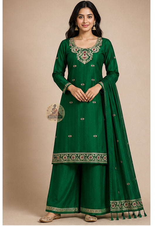 Handloom Baluchari silk kurti piece in verdant green with Resham neckline detailing — Dakshin Vastram