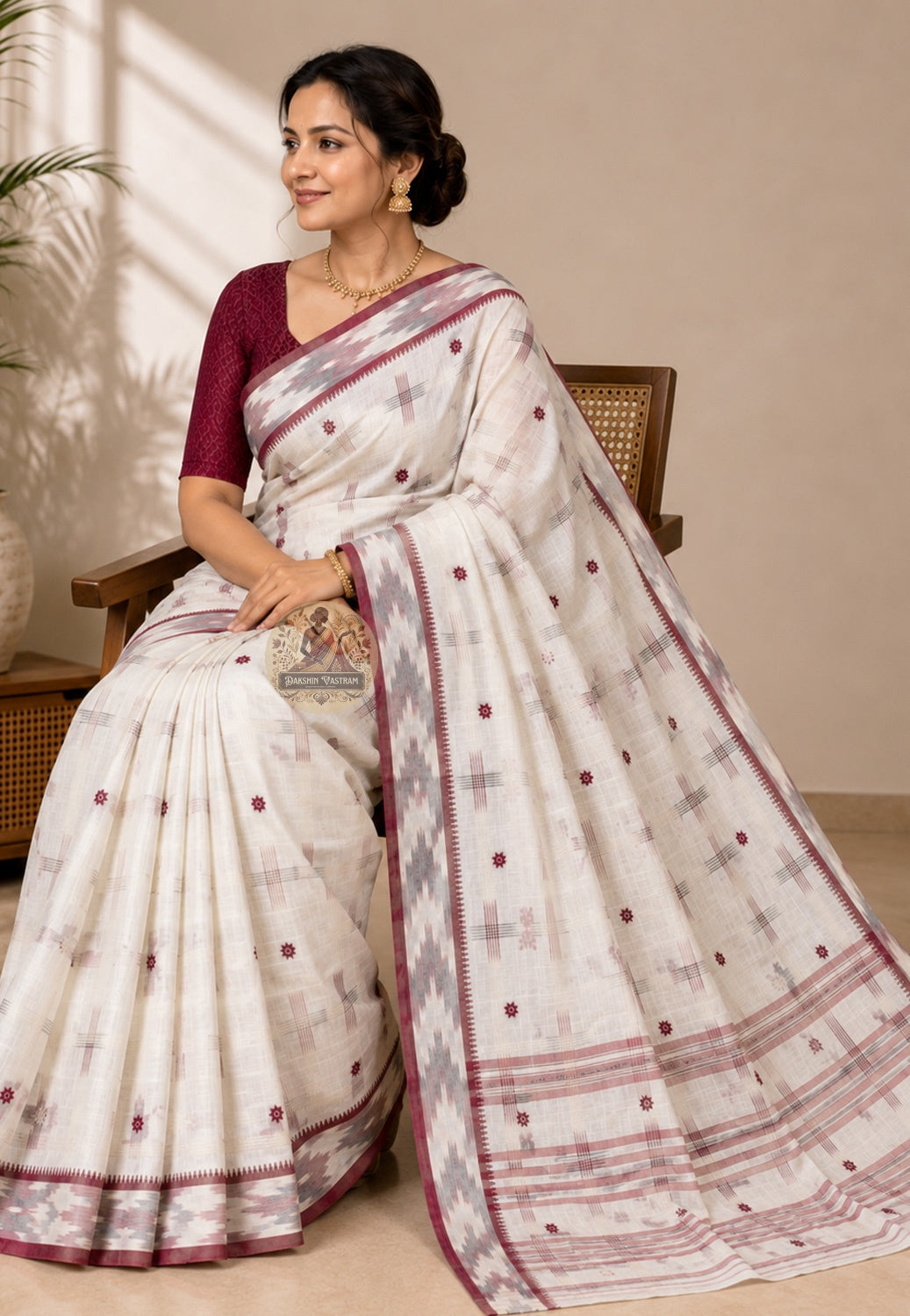Rear view of pure cotton handloom saree highlighting the pallu and woven border, perfect for weddings and festive ceremonies