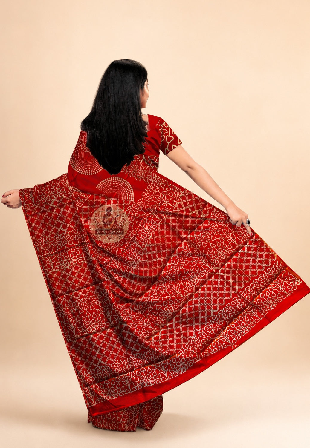 Bishnupur Silk Block Print Saree rear view – full drape revealing Bengal terracotta-inspired block print motifs on premium pure silk for Indian diaspora in USA