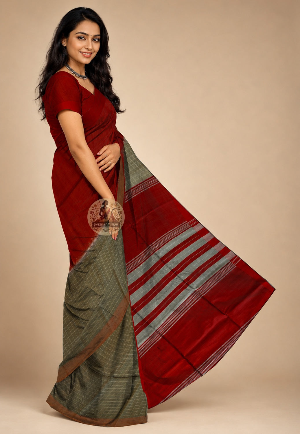 Side view of Bishnupur Katan Silk Saree showing the elegant fall and enduring drape, perfect for Durga Puja, Bengali weddings and festive celebrations across India