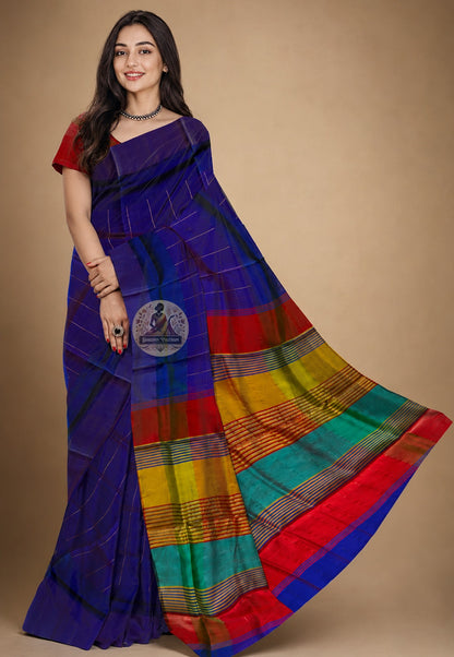 Front view of Bishnupur Pure Katan Silk Saree draped on model, showcasing handwoven Bengal motifs and the luminous sheen of pure mulberry silk