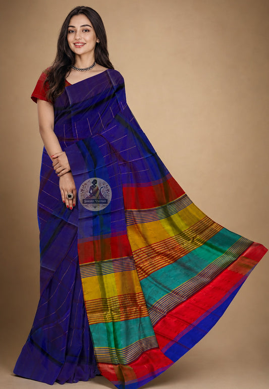 Front view of Bishnupur Pure Katan Silk Saree draped on model, showcasing handwoven Bengal motifs and the luminous sheen of pure mulberry silk