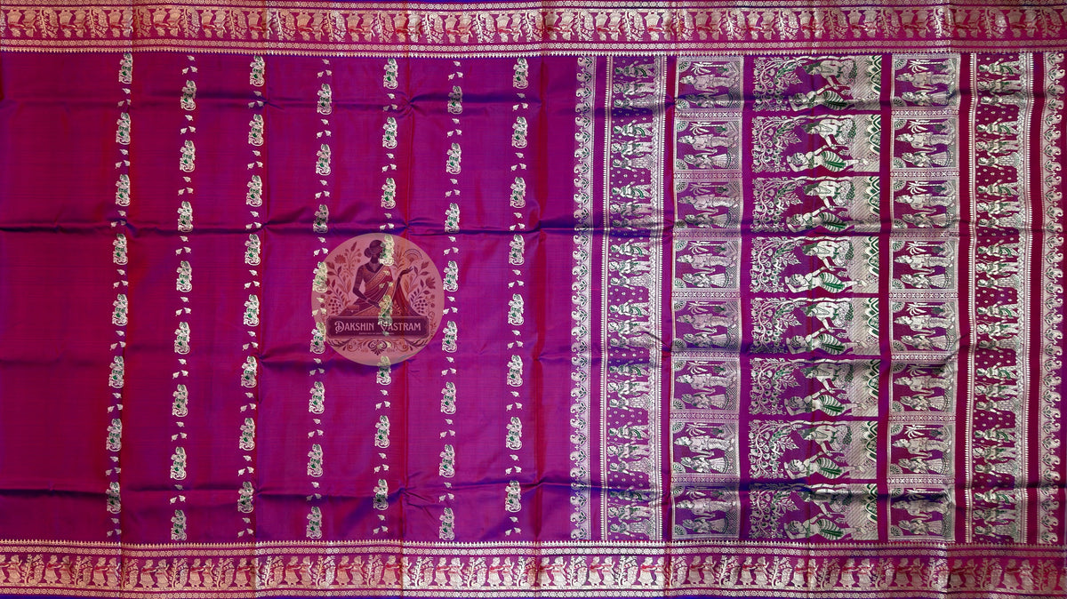 Close-up of the handwoven narrative pallu of Baluchari Pure Silk Saree, showcasing intricate mythology scenes from the Mahabharata and Ramayana woven directly into pure silk by Baluchari artisans