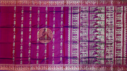 Close-up of the handwoven narrative pallu of Baluchari Pure Silk Saree, showcasing intricate mythology scenes from the Mahabharata and Ramayana woven directly into pure silk by Baluchari artisans