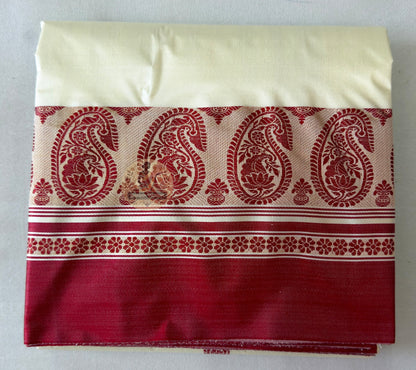 Folded Bishnupur Garad pure mulberry silk saree – natural ivory glow of Bengal's most sacred handloom, ethically sourced artisan saree by Dakshin Vastram, ships to India, UK, USA and EU