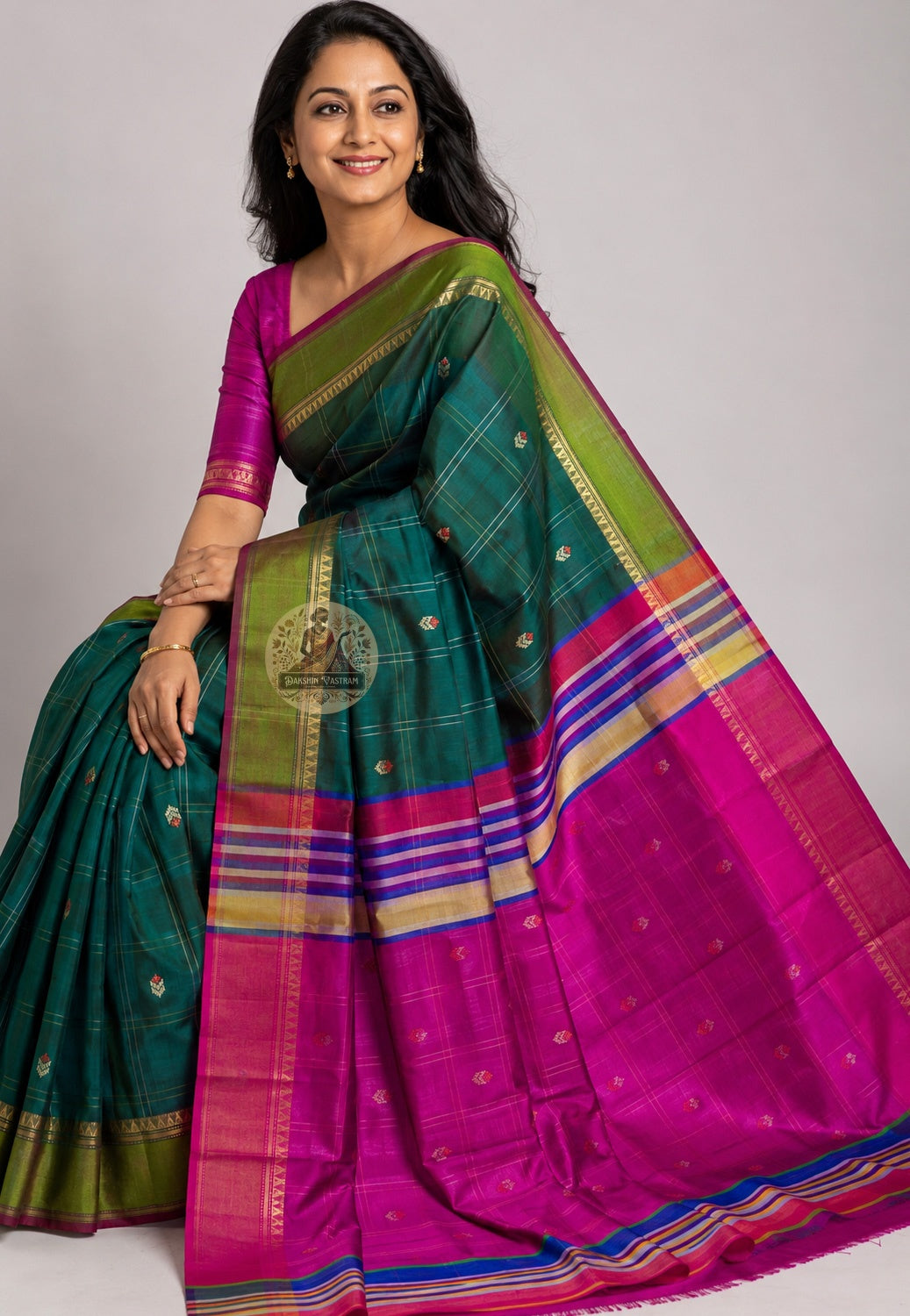 Side view of Bishnupuri pure katan silk saree – graceful silhouette and fluid drape of handwoven Bengal silk, perfect for Diwali and cultural celebrations