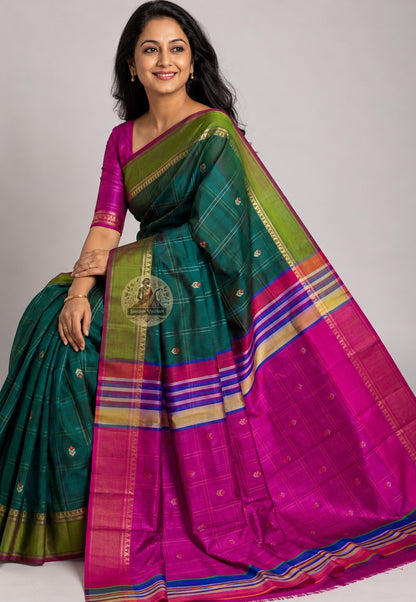 Side view of Bishnupuri pure katan silk saree – graceful silhouette and fluid drape of handwoven Bengal silk, perfect for Diwali and cultural celebrations