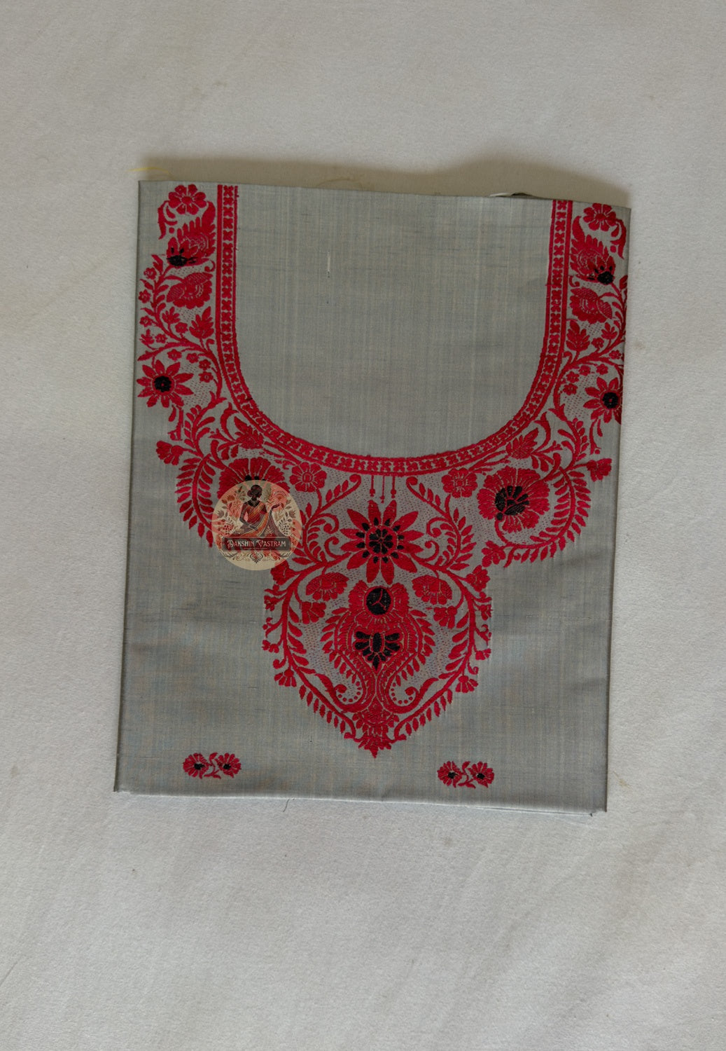 Detail shot of Baluchari woven narrative motifs on Silver Mulberry silk kurti fabric – artisan handloom craft Bishnupur West Bengal India
