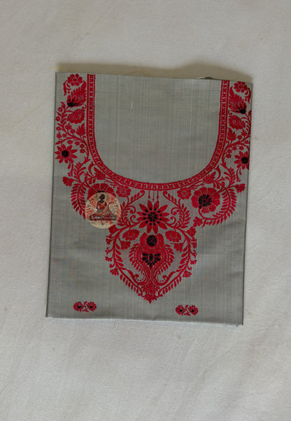 Detail shot of Baluchari woven narrative motifs on Silver Mulberry silk kurti fabric – artisan handloom craft Bishnupur West Bengal India