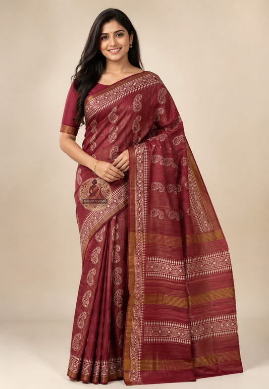 Front view of Ghicha Tussar Silk Saree in natural earthy tone, handwoven texture visible, draped elegantly on model, perfect for Durga Puja and Diwali