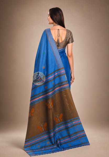 Side view of handloom Bishnupur Katan silk saree showing characteristic Katan silk weight and natural lustre in drape, the weave itself as the statement, West Bengal heritage craft