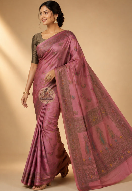 Side view of handwoven Banarasi Muga Tussar Saree showing rich full-length drape and warm natural golden sheen of pure wild Muga silk